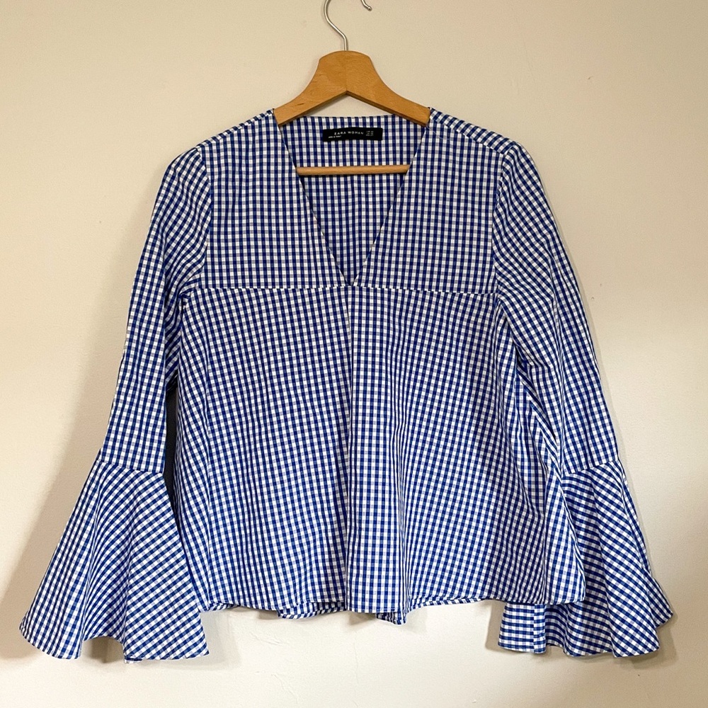 Zara Bell Sleeve Blue Gingham Top